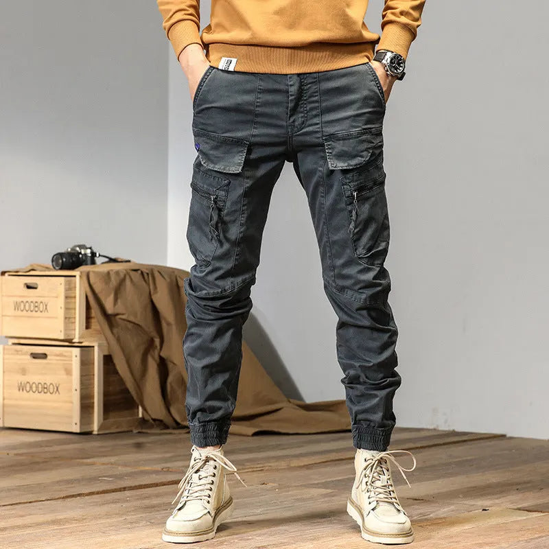 Cotton Japanese style overalls straight leg trousers for men in four colours black khaki army green gray sizes 29-38