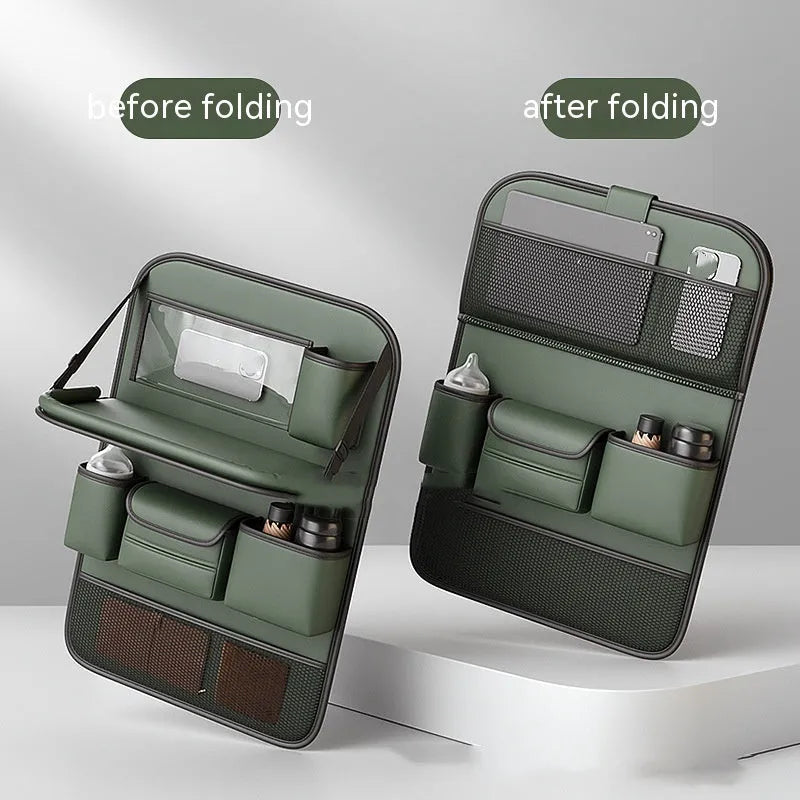 Leather car seat storage bag with carrying handle shown in black, hanging over a car seat.