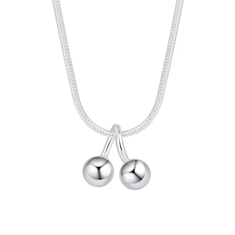 Silver cherry pendant necklace on a snake bone chain, adjustable length, Korean style.
