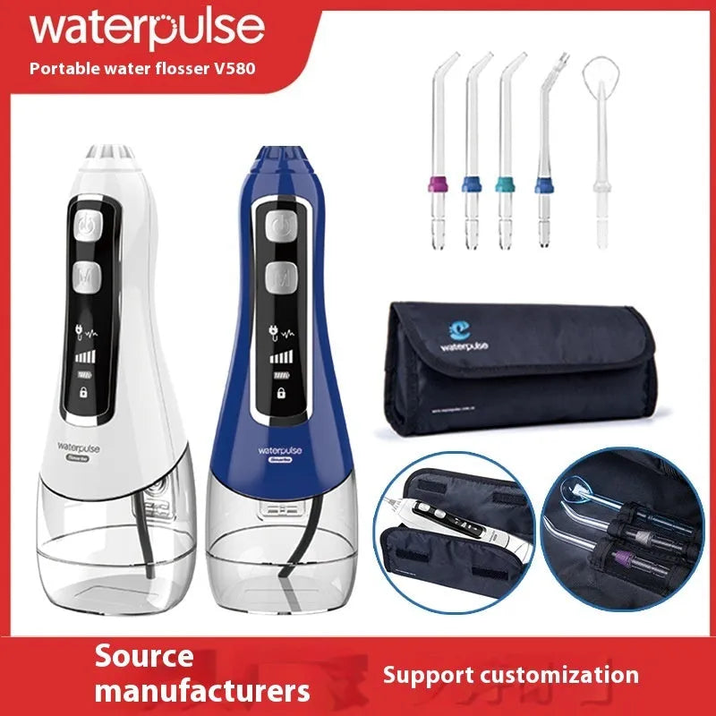 V580 portable electric water toothpick dental irrigator in white, black, blue, and purple colours