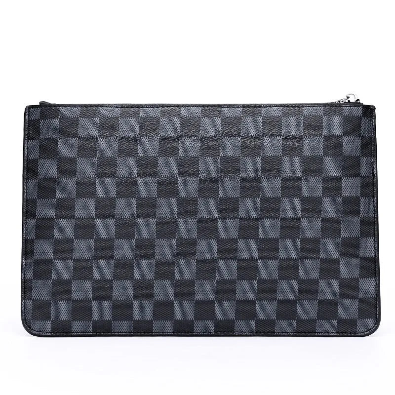 Men's soft PU leather clutch wallet with checkered pattern showing card slots and zipper pocket