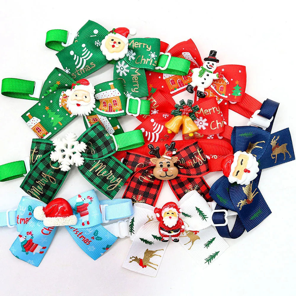 Red and green British style polyester bow tie accessory with elastic band for pet, doll or Christmas tree.