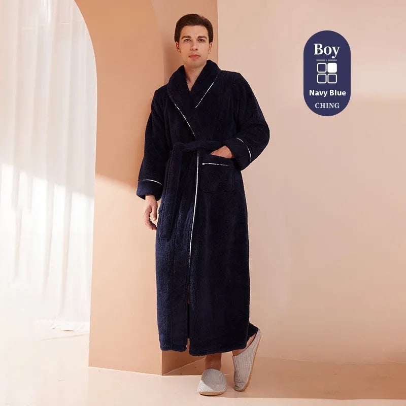 Super thick flannel couple's bathrobe in navy blue, shown on a hanger.