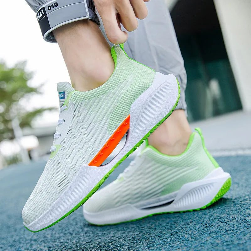 Men's blue, grey, and green breathable mesh casual shoes with cloth upper and moulded sole.