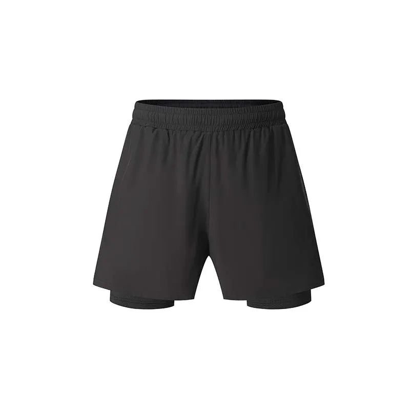 Men's black running shorts with built-in liner and high elastic waistband for summer fitness