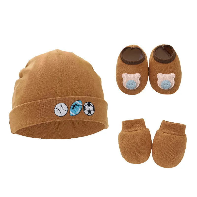 Cotton baby gloves and foot cover set in multiple colours including light blue, navy blue, pink, and camel