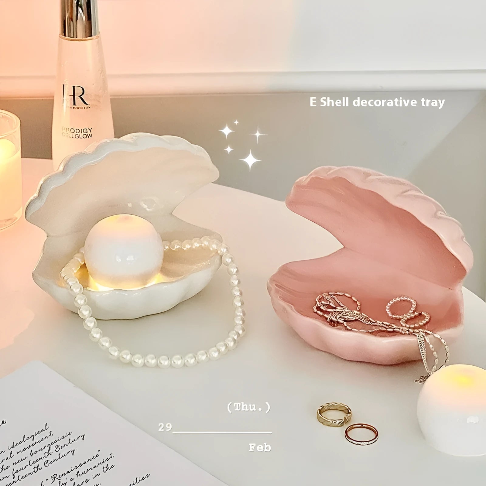 White porcelain storage tray holding a small night light, in yellow, pink, or white colour.