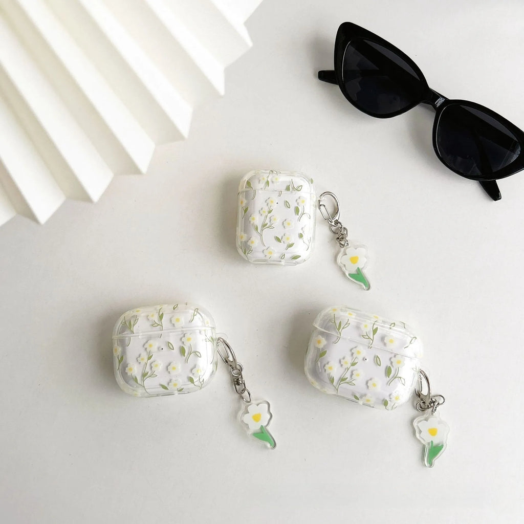 White floral pattern transparent TPU protective case for Apple AirPods wireless earbuds