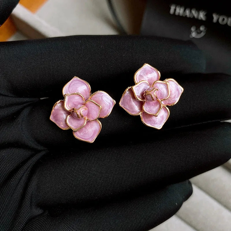 Purple oil-spot glaze flower stud earrings with gold plating on 20mm copper base using traditional silver needle technique