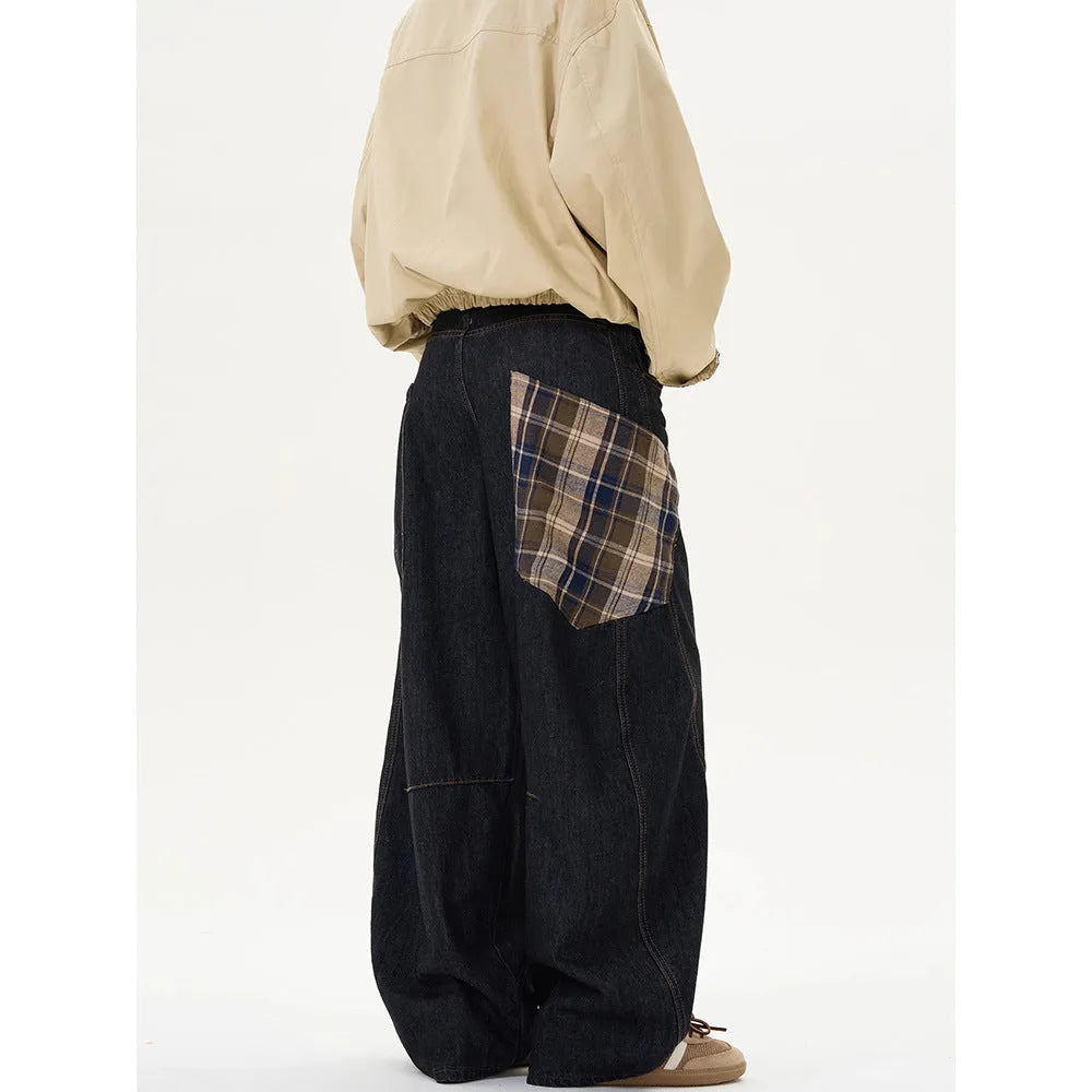 Man wearing loose-fit straight-leg plaid casual trousers in a retro style