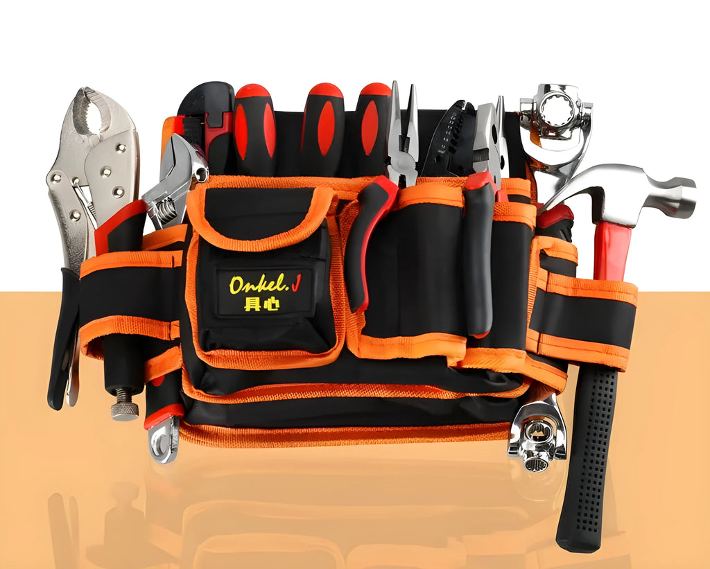 Orange canvas tool belt bag with oxford cloth outer, 564mm length, and 10kg load capacity on a construction site