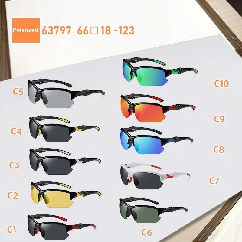 Men’s polarized photochromic sunglasses with bright black frame and full gray lenses for cycling and driving