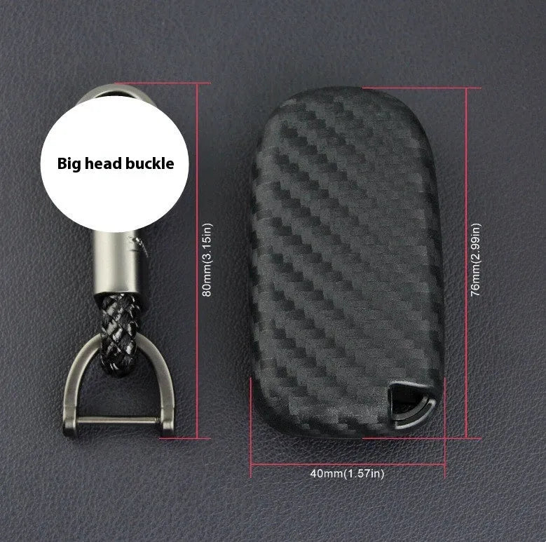 Black carbon fibre silicone key case for Dodge Chrysler Fiat car remote keys, shown in bag and buckle styles.