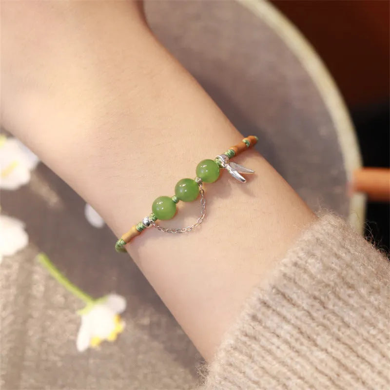 Handmade Hetian jade and chalcedony bracelet with woven strap in light green or blue colours