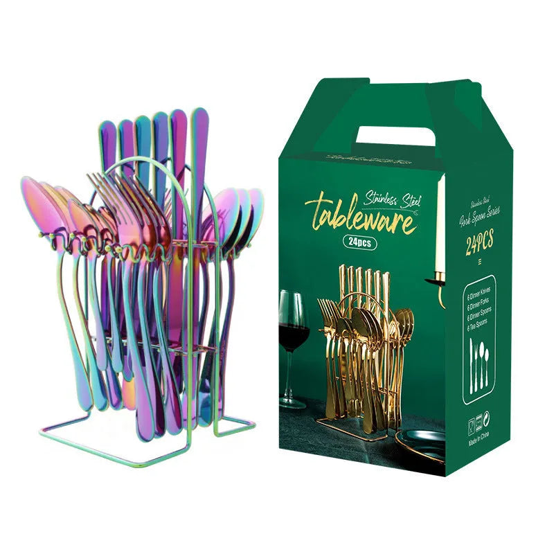 24-piece stainless steel cutlery set with storage rack in a gold finish