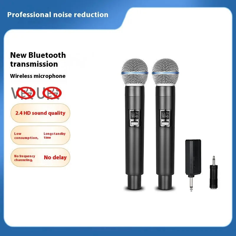 2.4G wireless handheld microphone set with two microphones and one receiver, noise reduction, rechargeable battery, silver network.