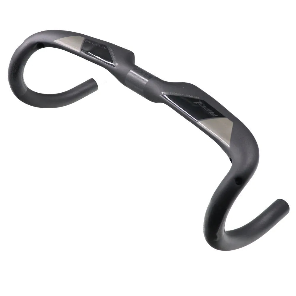 Matt black carbon fibre road bicycle handlebar shown from above, with bent drops.