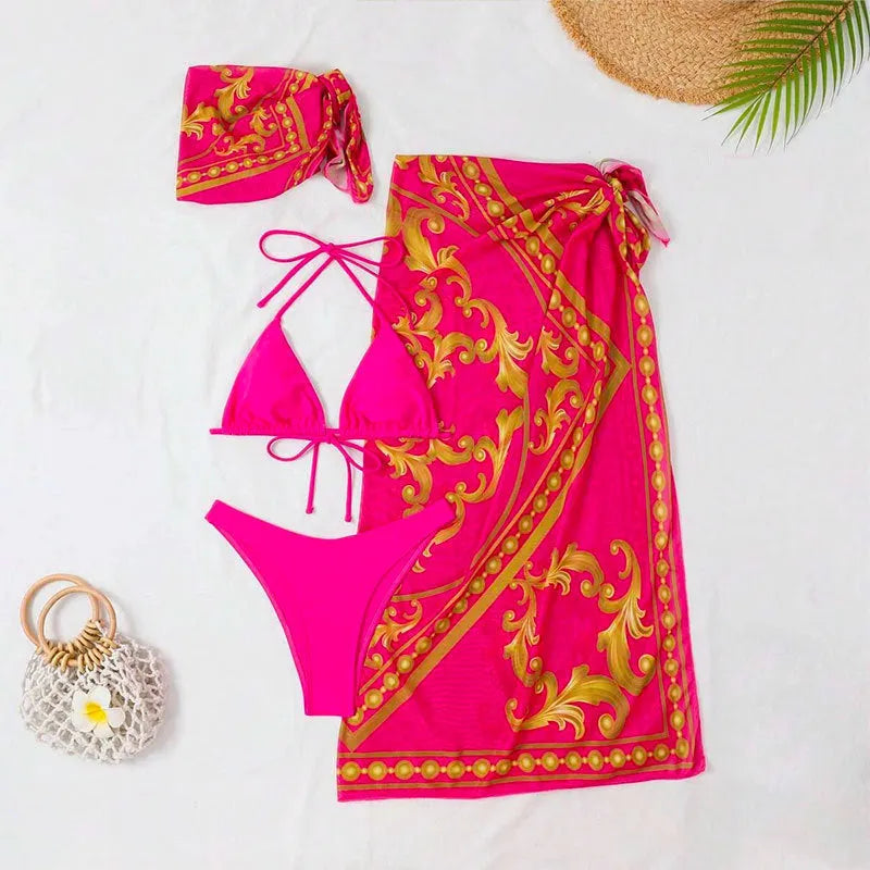 Women's vintage print lace-up bikini swimsuit three-piece set in blue on a mannequin.
