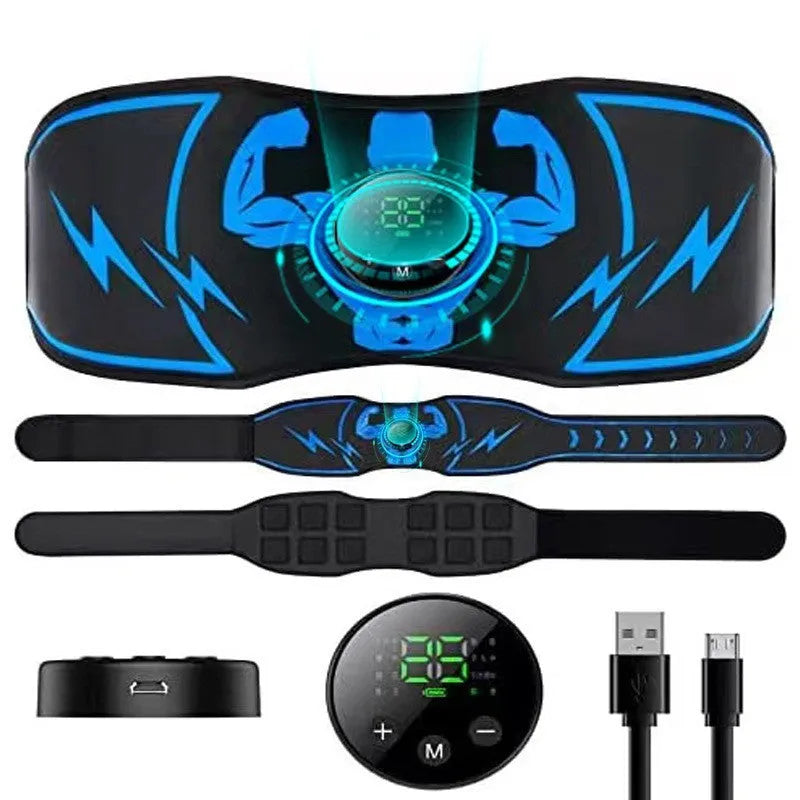 Blue EMS abdominal fitness belt with wireless remote control and arm stickers