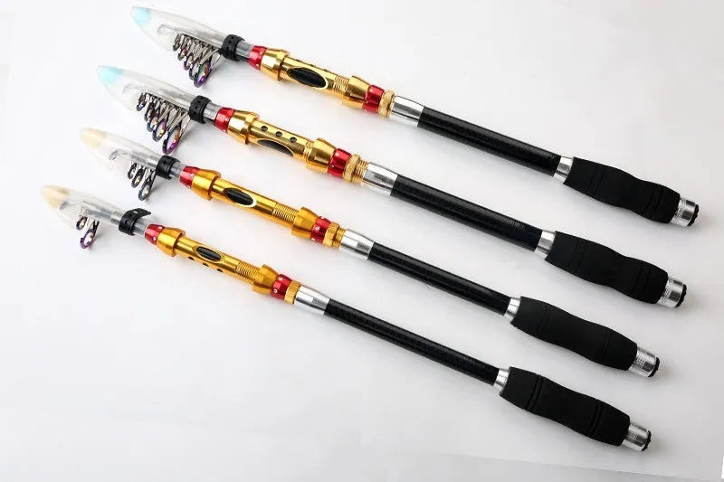 Carbon fibre telescopic spinning fishing rod with metal handle, extended, on a boat deck.