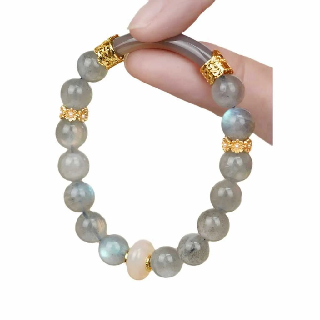 Grey moonstone women's bracelet with 8mm round beads, handmade half cuff design