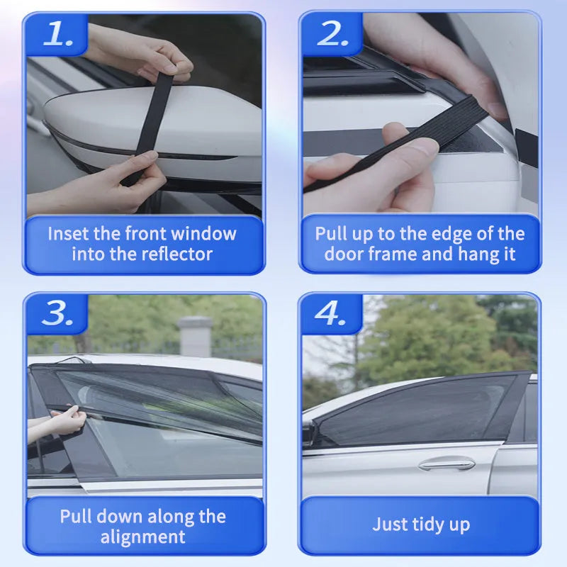 Car side window sunshades with stretch mesh covering front and rear windows