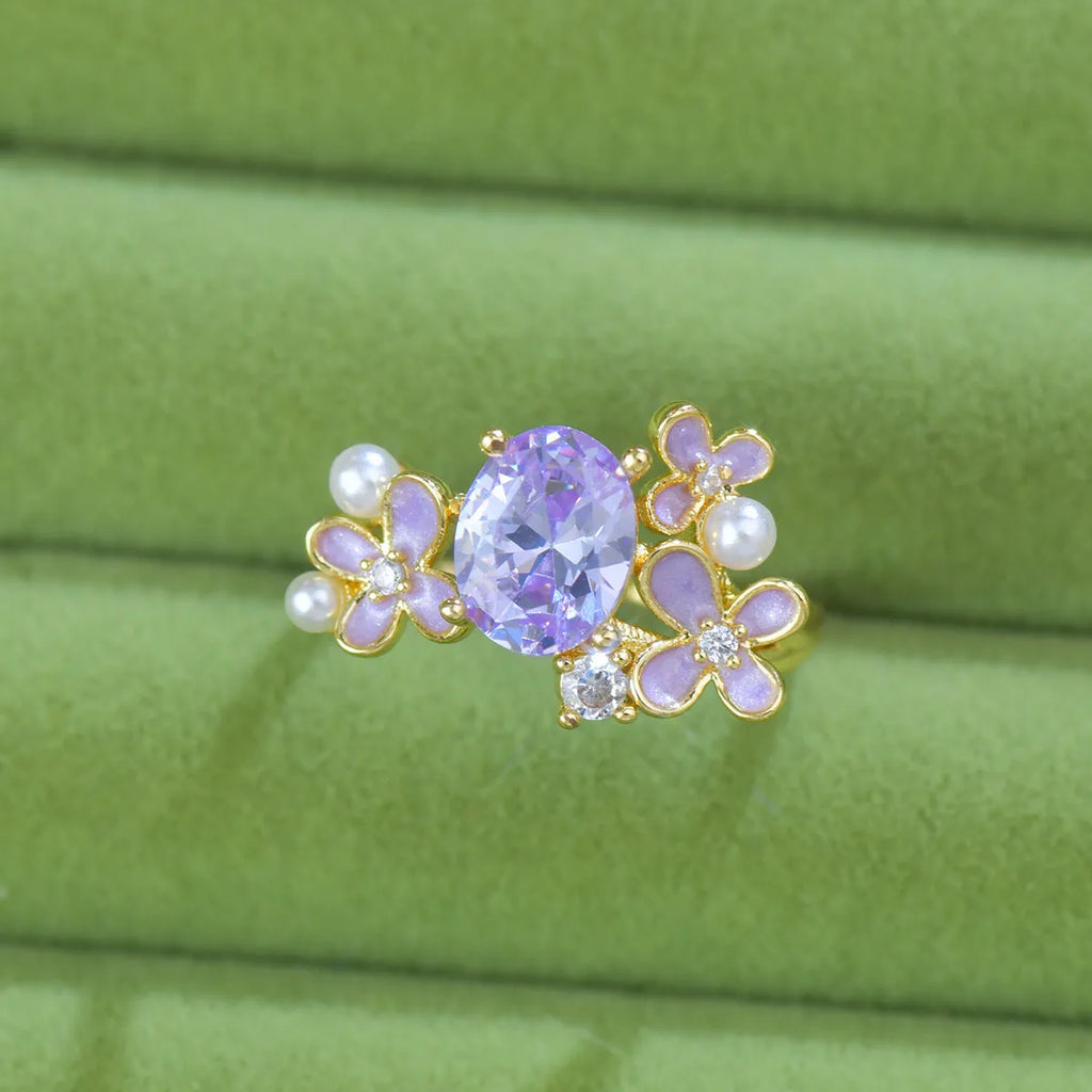 Women's floral open ring with zirconia stones in yellow or light purple electroplated metal