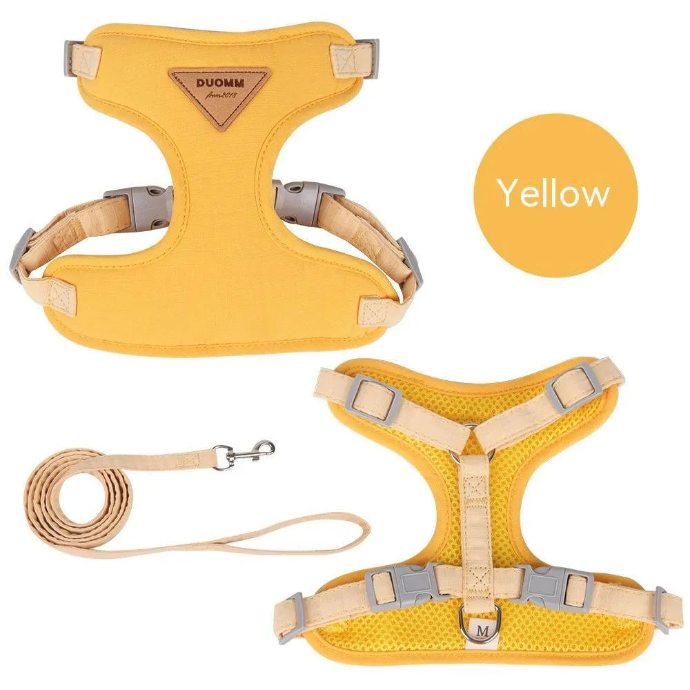 Mesh dog harness chest strap and traction rope set in beige, blue, green, yellow for small dogs sizes XS to L