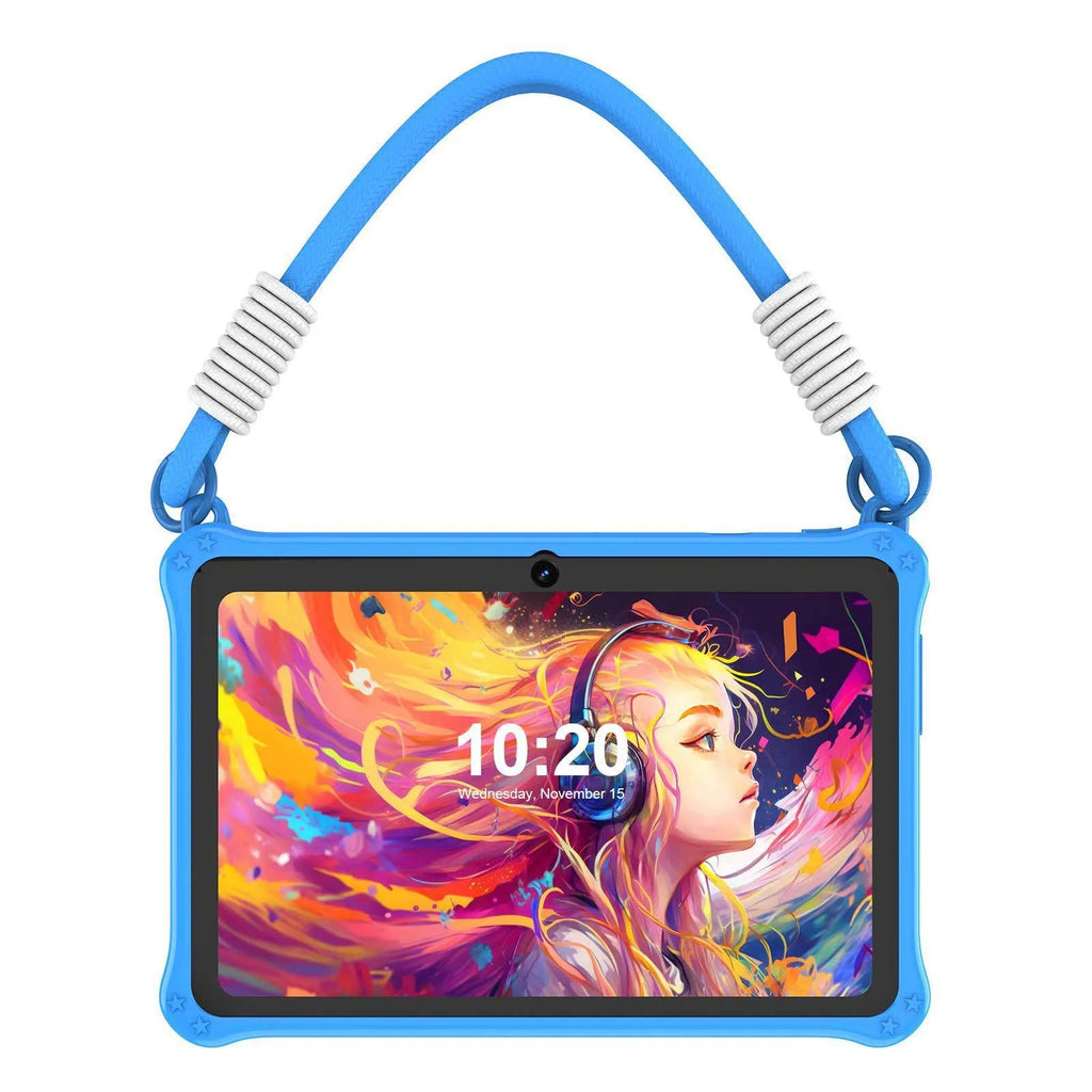 7-inch silicone protective case for children's tablets in sapphire blue and dark pink colours with flat strap