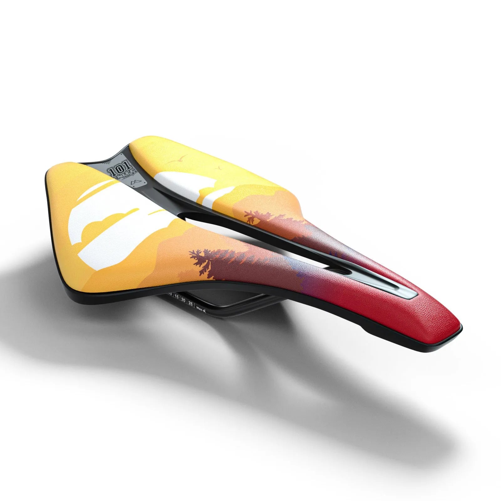 Ultra-light EVA cushion bike saddle with hollow design in PU leather, shown in multiple colour options.