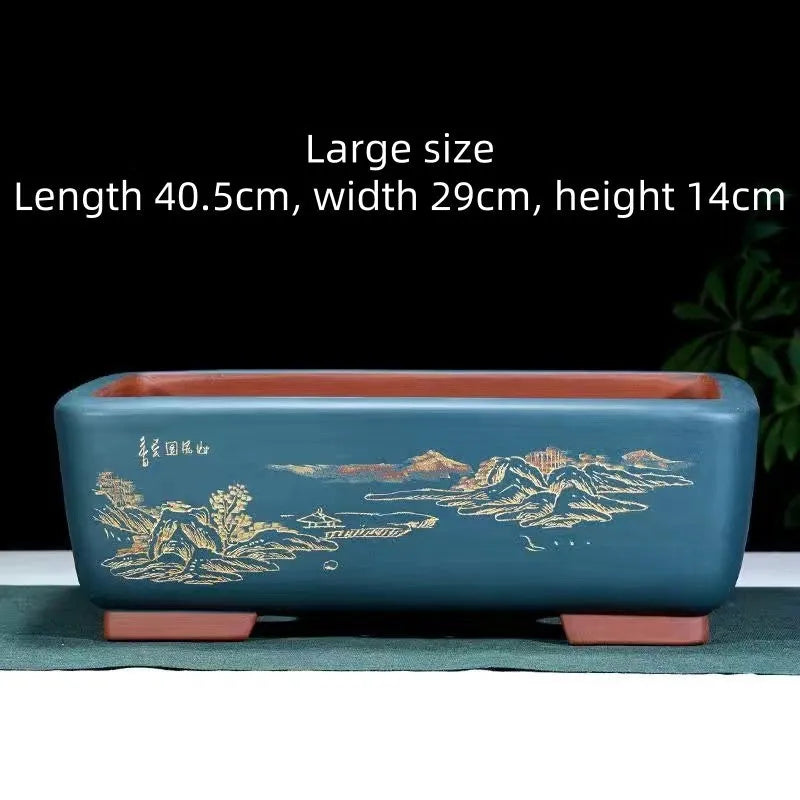 Large handmade rectangular purple clay bonsai pot in deep blue black for pine trees.