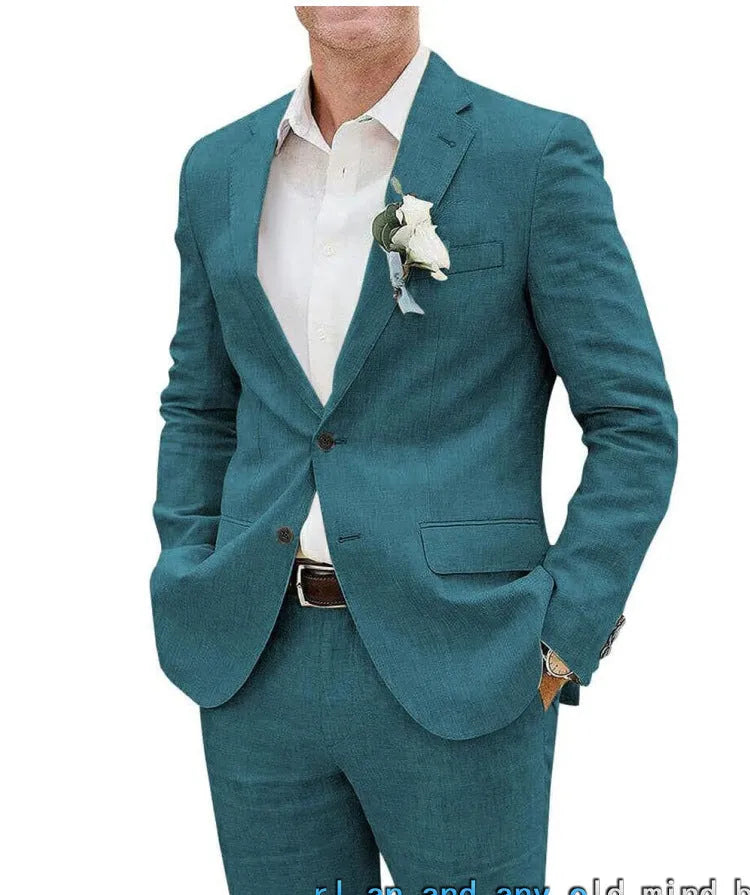 Men's beige linen blend two-piece suit with slim fit tailoring for light business wear