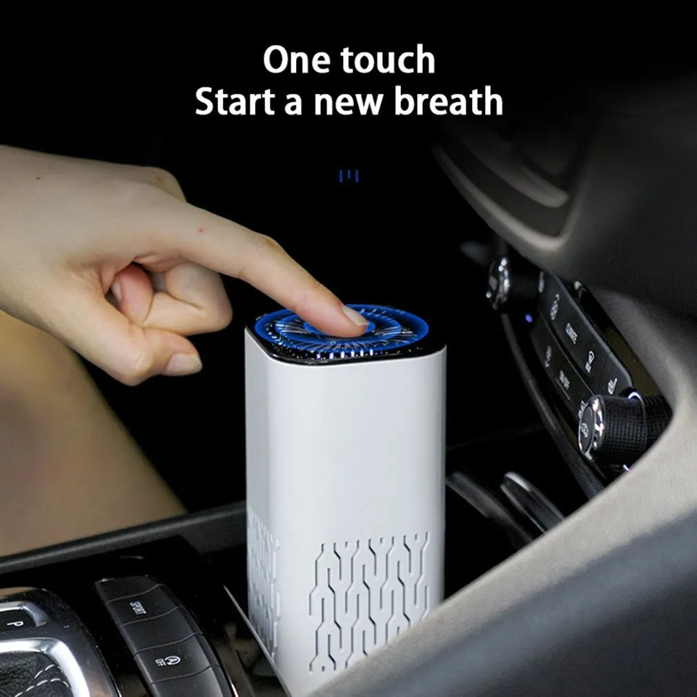 Portable car air purifier with double air inlets, black colour, 60x60x130mm size