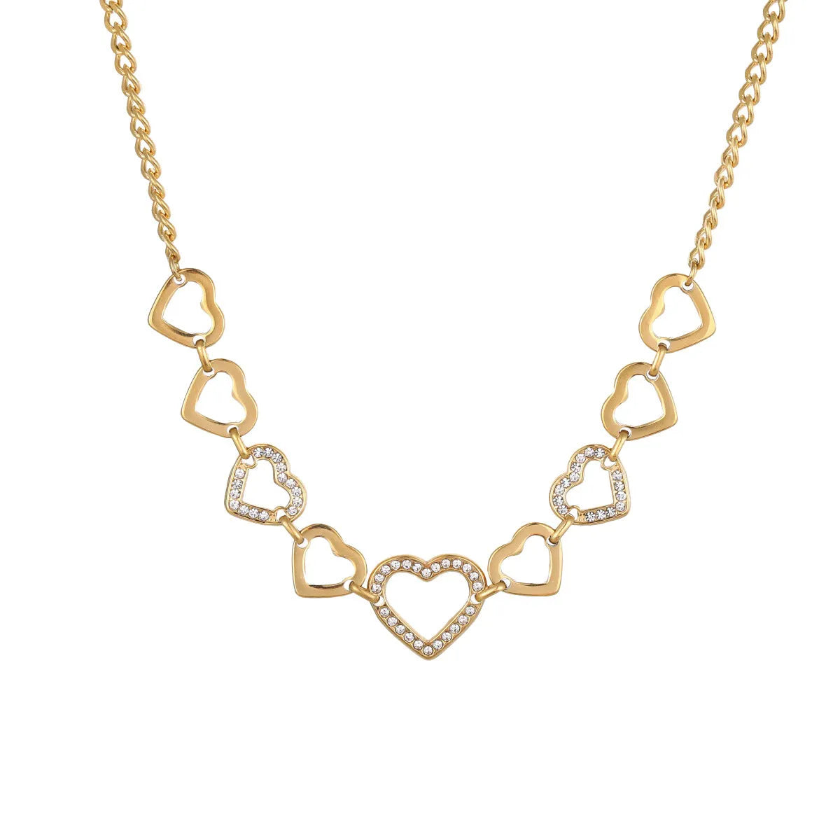 Geometric heart-shaped stainless steel pendant necklace with 18K gold finish on clavicle-length regular chain