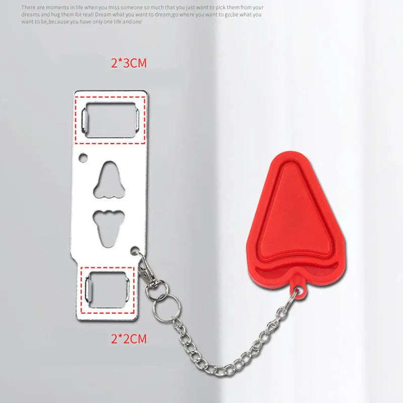 Red portable door safety latch lock with chrome plating installed on interior door jam for anti theft use