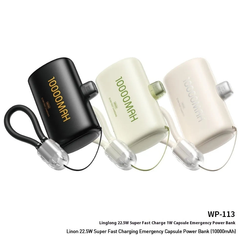 Portable mini capsule power bank in beige with compact ABS design and 10000mAh capacity