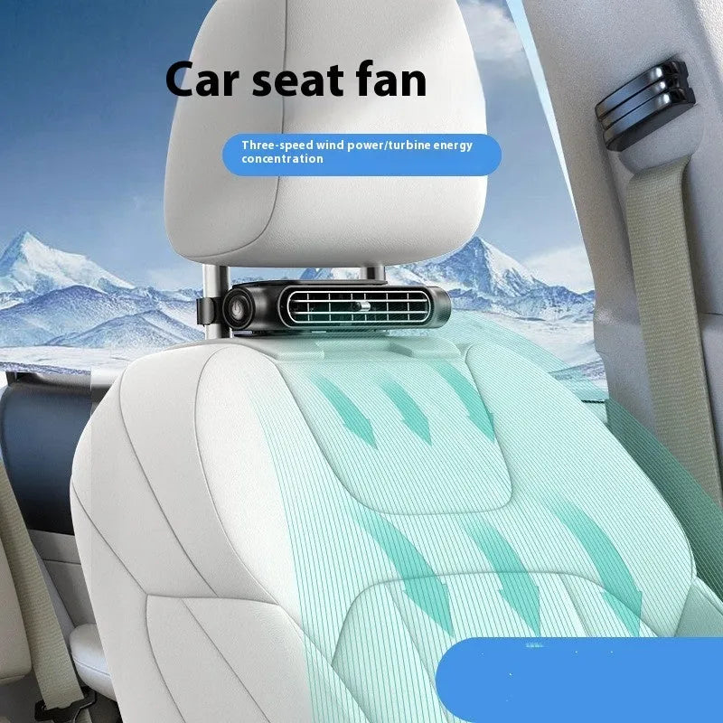USB plug-in car fan with Velcro straps mounted on a car seat headrest in beige colour.