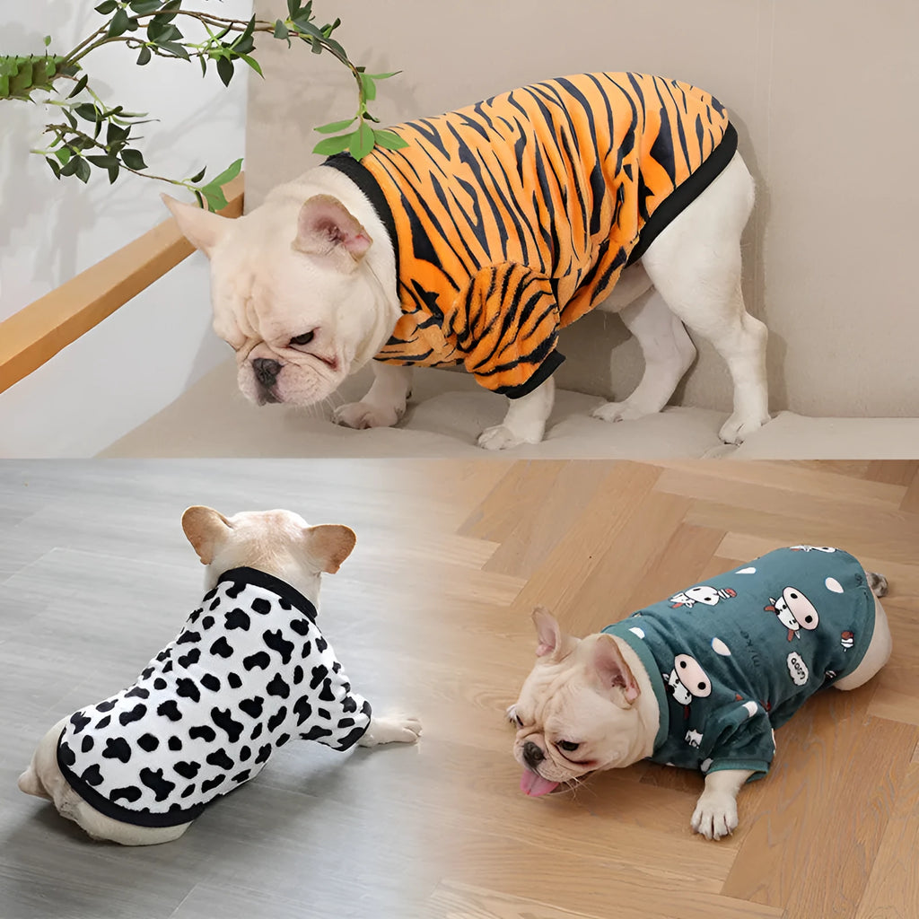 Fleece pet sweater in Chinese style, dark green cow pattern, on a small dog, size S