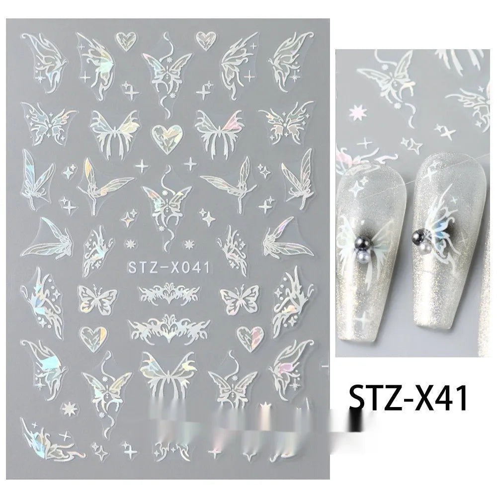 Black and silver stripe nail art sticker with a love pattern design on a plastic sheet.