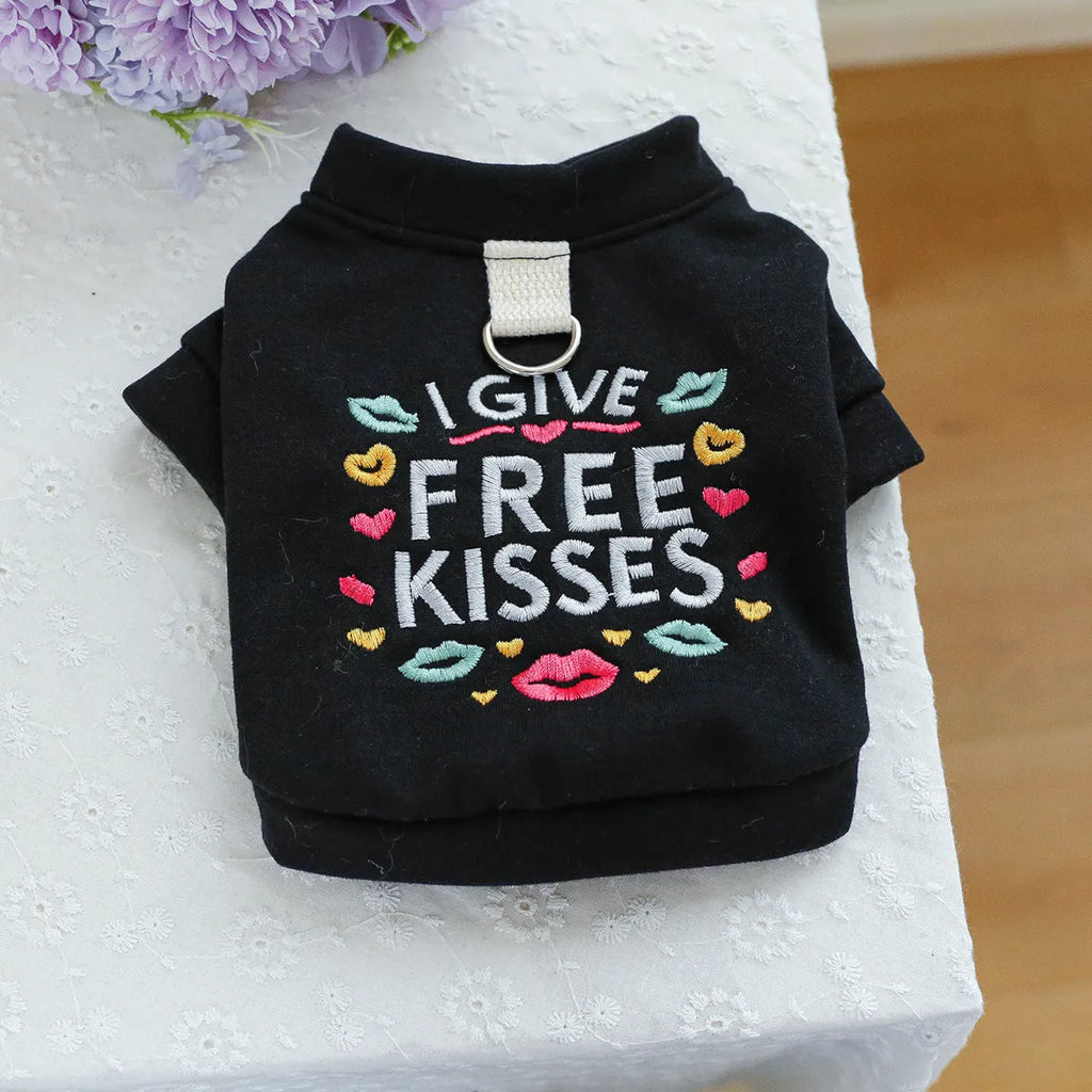 Casual grey dog sweater with white kissing lips print, shown on a small dog.