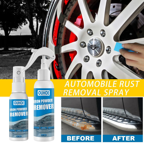 Automotive rust remover spray bottle with blue square sponge applicator for car surface treatment