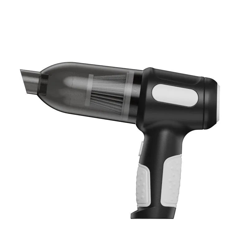 Black cordless handheld car vacuum cleaner with attached brush nozzle and charging cable.