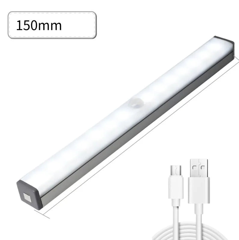 Silver aluminium magnetic LED closet light with motion sensor and USB charging port.