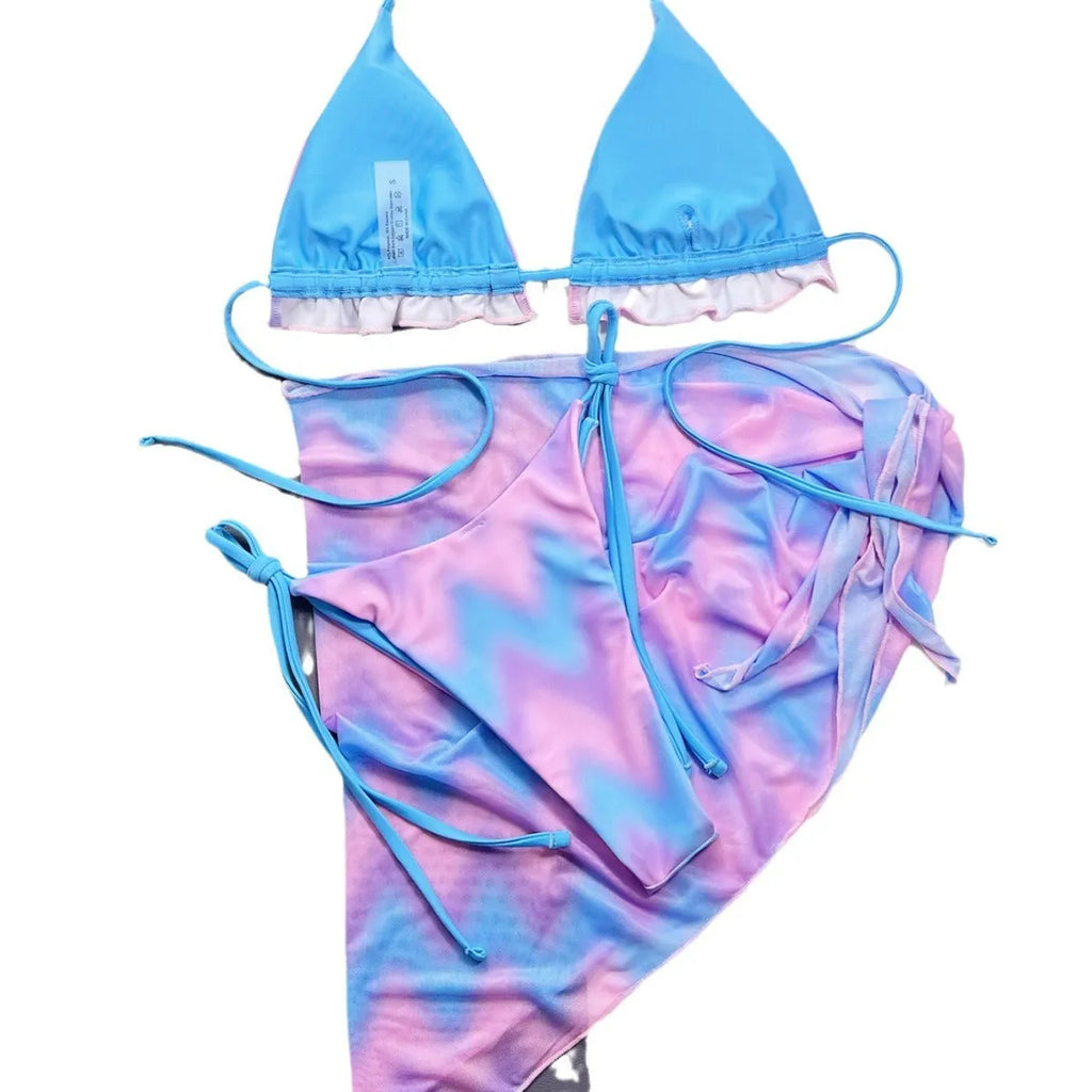 Women's tie-dye bikini swimsuit set with matching high-waisted skirt