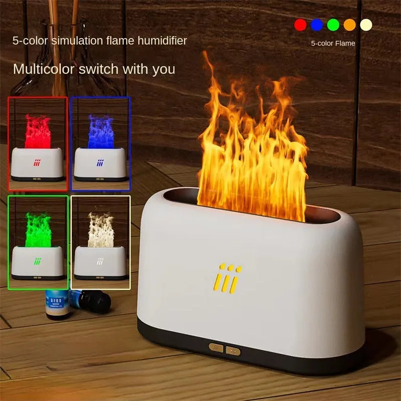 Black round flame aroma diffuser humidifier with LED lighting on wooden surface