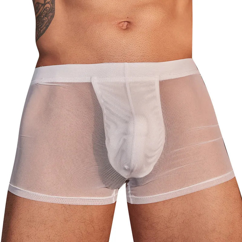 Men's black and white breathable nylon boxer briefs on a plain background.