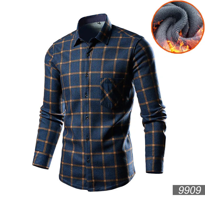 Men's loose-fitting fleece-lined cotton blend cardigan shirt in a solid colour
