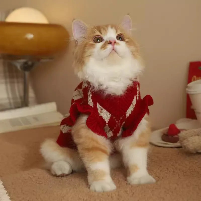Red cat sweater with cherry and diamond embroidery pattern for autumn and winter wear