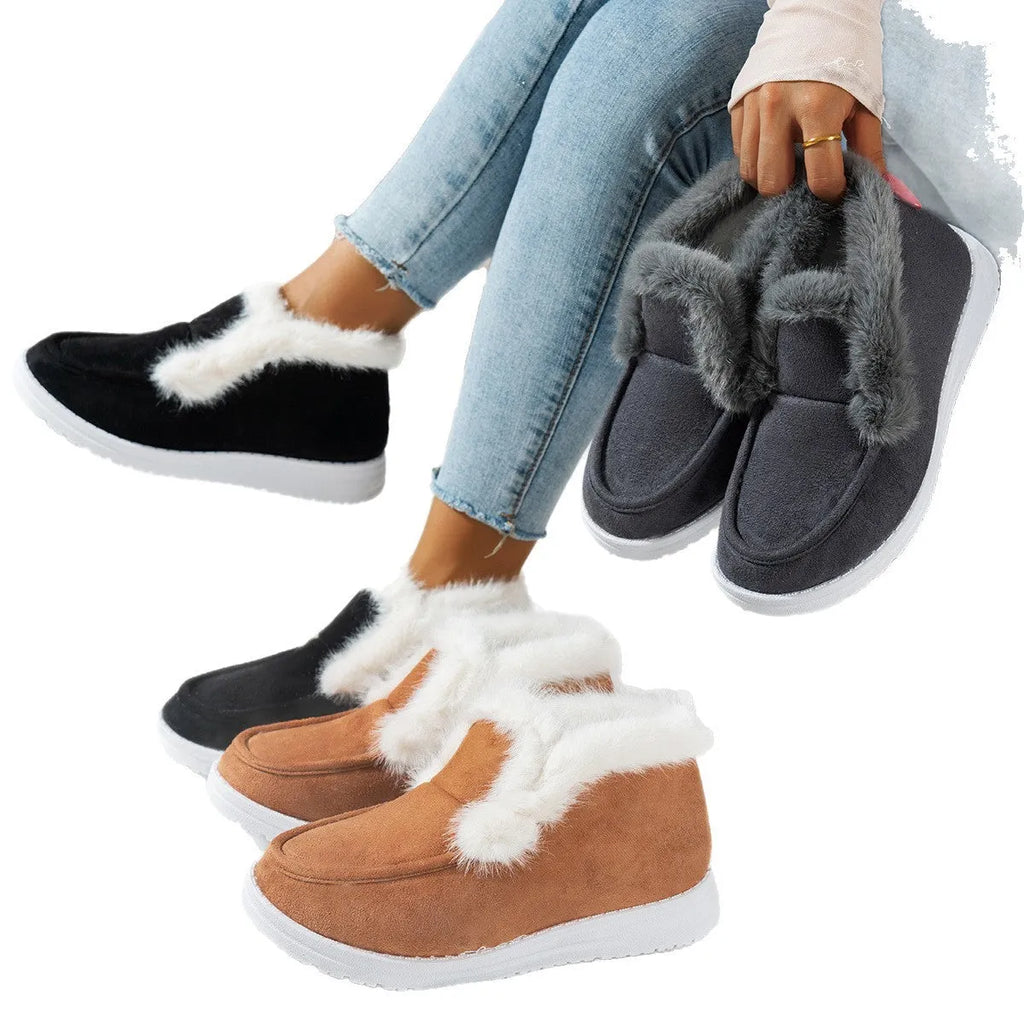 Women's cotton cloth non-slip thick warm boots with oversleeve design, available in black gray and dark brown