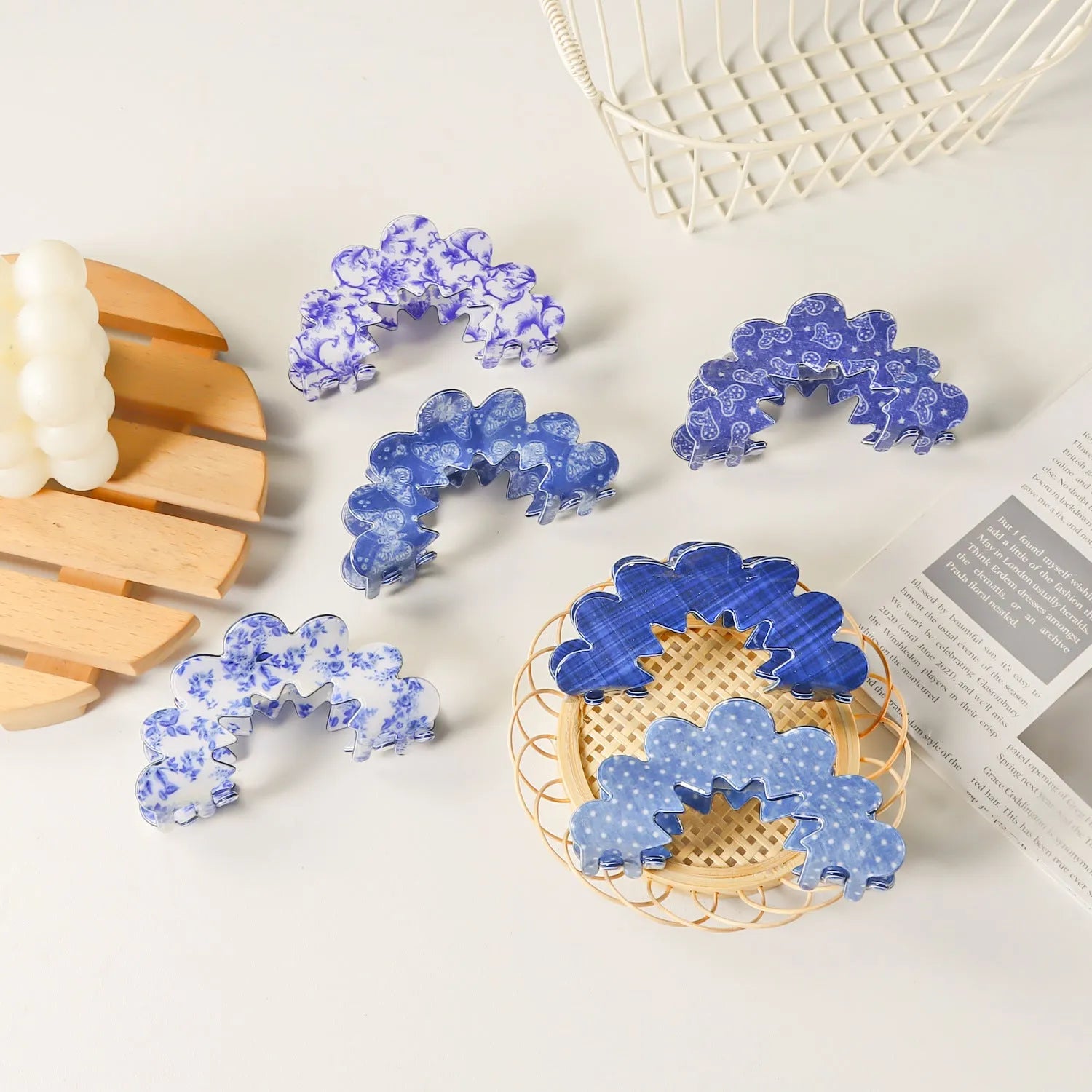 PVC hair clip barrettes for women back head asymmetric natural style blue series multicolour patterns